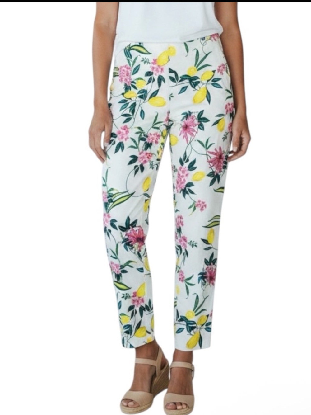 RSVP by TALBOTS White Ankle Pants with Yellow Lemon & Pink Floral Print Size 10 - Picture 12 of 12